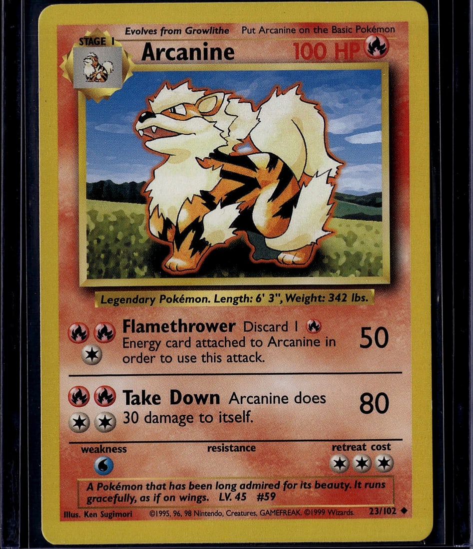 1999 Pokemon Base Set Arcanine #23/102 Very Good: This is an authentic Arcanine Pokemon trading card from the 1999 Base Set, card number 23/102. Arcanine is a Stage 1 Fire-type Pokemon that evolves from Growlithe, featuring 100 HP and iconic artwork 