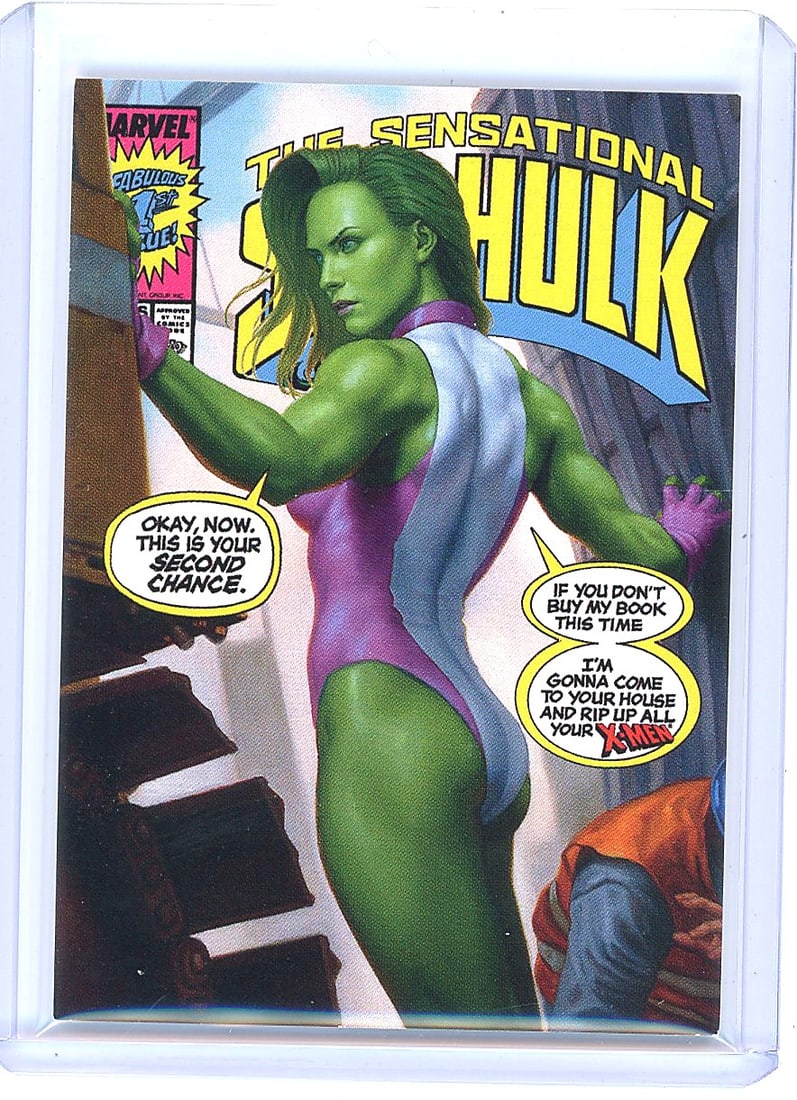 2022 Skybox Marvel Masterpieces She-Hulk #33: This is card #33 from the 2022 Marvel Masterpieces set by Upper Deck/SkyBox, featuring She-Hulk (Jennifer Walters) as a Variant Cover card. The front art by Dan dos Santos depicts She-Hulk in a