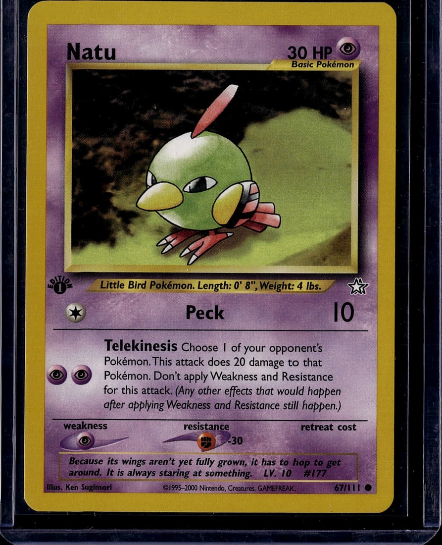 Natu #177 Neo Genesis Pokemon Card Single: This is a raw Natu #177 Pokemon card from the Neo Genesis set, published in 2000. Natu is a Basic Psychic-type Little Bird Pokemon featuring the Peck attack (10 damage) and the signature Telekinesis a