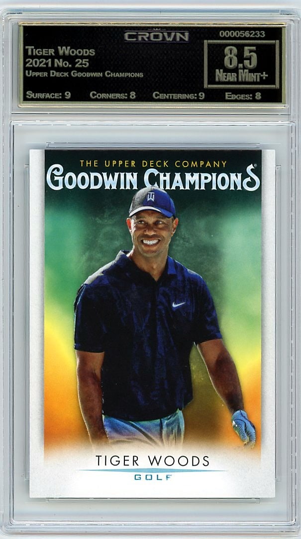 2021 Tiger Woods Upper Deck Goodwin Champions: This is a 2021 Tiger Woods card from the Upper Deck Goodwin Champions set, card number 25. The card has been professionally graded and encapsulated by Crown, one of the leading third-party grading com