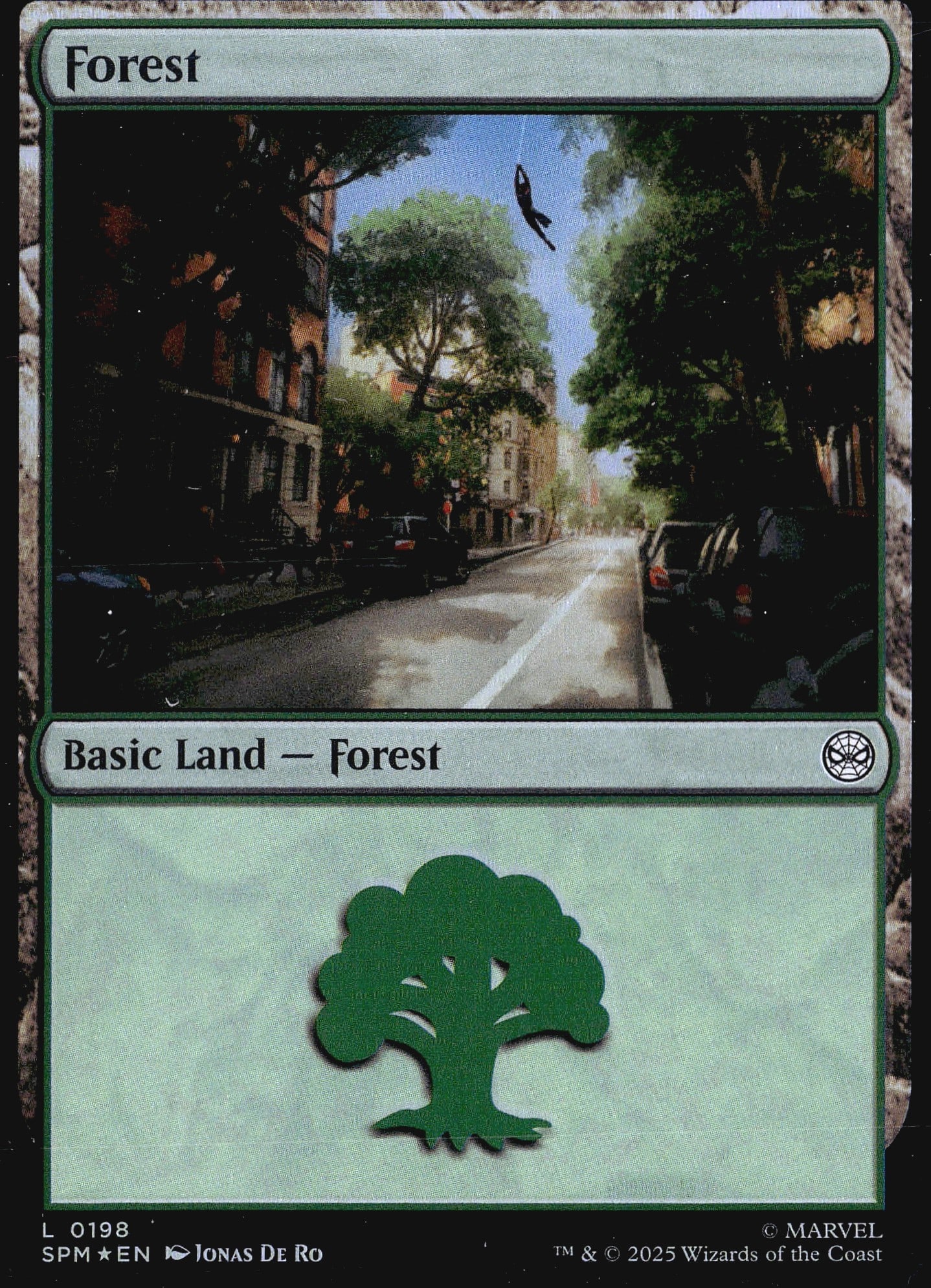 Magic: The Gathering 2025 Marvel's Spider-Man: This is a 2025 Magic: The Gathering card from the Marvel Spider-Man crossover set (set code SPM), featuring a Forest Basic Land with card number 0198. The artwork by Jonas De Ro depicts a lush