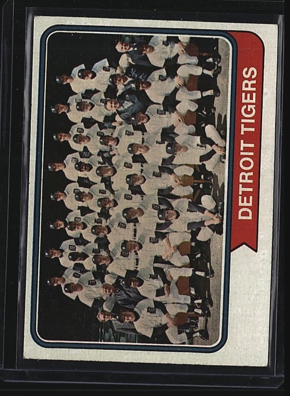 1973 Topps #94 Detroit Tigers Team Baseball Card: This is a 1973 Topps #94 Detroit Tigers team card featuring the full roster photo. The card shows the Tigers team in their classic brown and tan uniforms from the early 1970s. As a raw single in Good