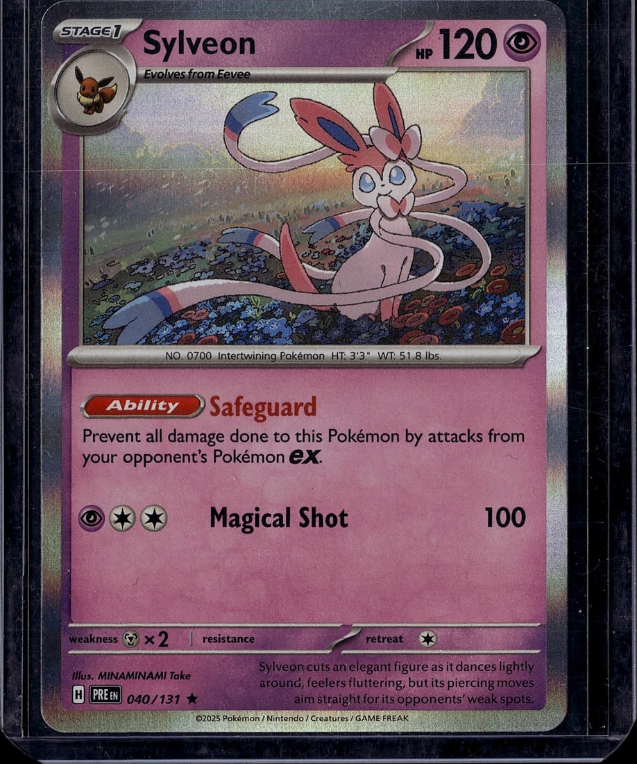 Sylveon 040/131 Scarlet & Violet Pokemon Card: This is a raw Sylveon Stage 1 Pokemon card from the Scarlet & Violet set (card #040/131). Sylveon is an Intertwining Pokemon that evolves from Eevee, featuring 120 HP with a Psychic-type