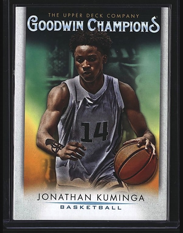 2021 Upper Deck Goodwin Champions Jonathan: 2021 Upper Deck Goodwin Champions Jonathan Kuminga #35 basketball card. Features Kuminga in a grey/blue jersey holding a basketball. Card shows player details: Height 6'8", Weight 210 lbs, Position