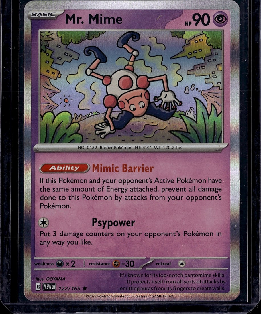 Mr. Mime Pokemon Card 122/165 Scarlet & Violet: This is a raw Pokemon single from the Scarlet & Violet set, featuring Mr. Mime (Card #122/165). The card is in Near Mint condition and showcases the classic Psychic-type Barrier Pokemon with its