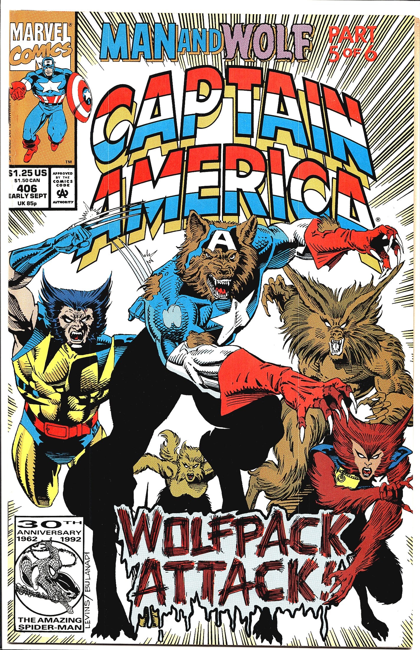 1992 Marvel Comics Captain America #406 Comic: Captain America #406 from Marvel Comics, published Early September 1992, priced at $1.25 US / $1.50 CAN / 85p UK. This issue is Part 5 of 6 in the 'Man and Wolf' story arc, subtitled 'Wolfpack Attack!