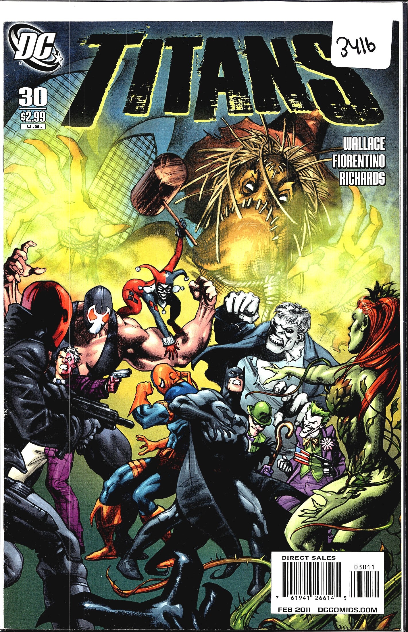 Titans #30 DC Comics Feb 2011 Wallace Fiorentino: Titans #30 published by DC Comics, cover dated February 2011. Written by Wallace with art by Fiorentino and Richards. This issue features a dramatic cover showcasing Batman surrounded by a large roste