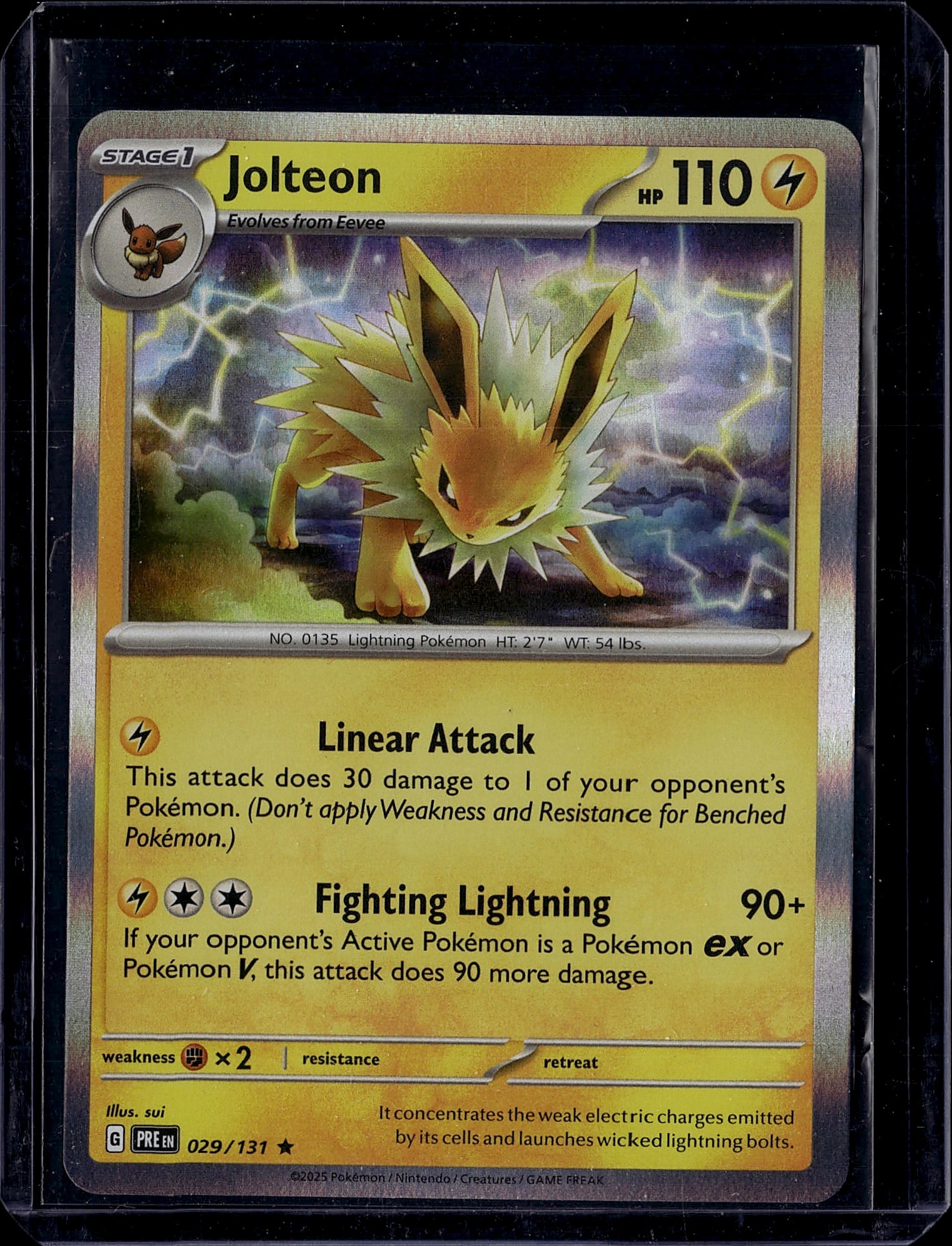 Jolteon 029/131 Scarlet Violet Pokemon Card: This is a raw Pokemon single from the Scarlet & Violet set featuring Jolteon, the Stage 1 Lightning-type evolution of Eevee. Card number 029/131 showcases vibrant artwork of the electric Pokemon