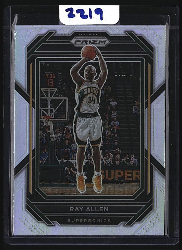 2022 Panini Prizm Ray Allen #34 Basketball Card: Raw 2022 Panini Prizm Basketball card featuring Ray Allen, card #34. The card displays a classic shooting pose from Allen's NBA career with the Seattle SuperSonics uniform. This ungraded single