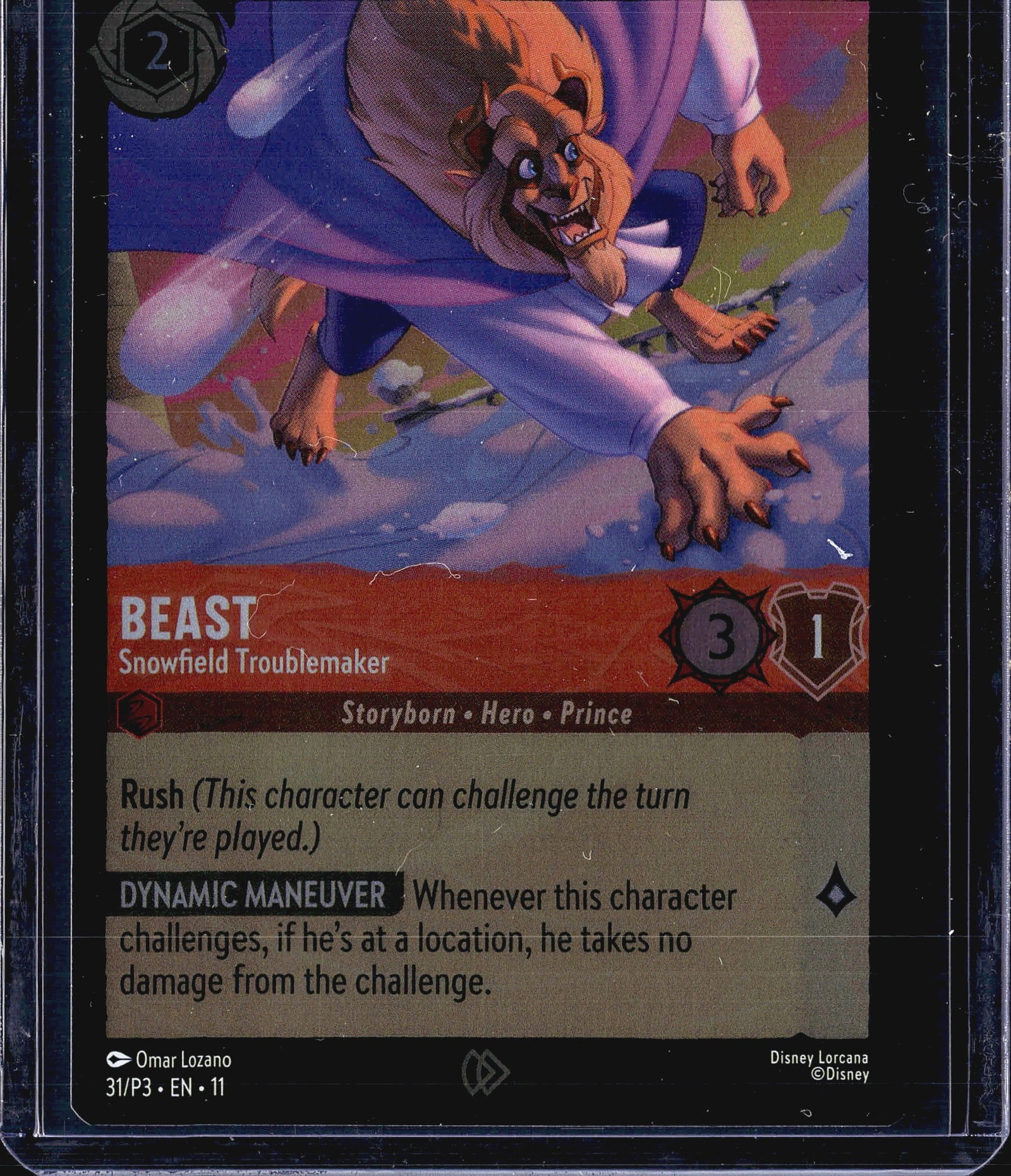 2024 Disney Lorcana Winterspell Beast 31/P3 Cold: This listing features Beast - Snowfield Troublemaker, card number 31/P3 from Disney Lorcana, a promotional release identified by the EN11 set code. The card bears the classification Storyborn Hero