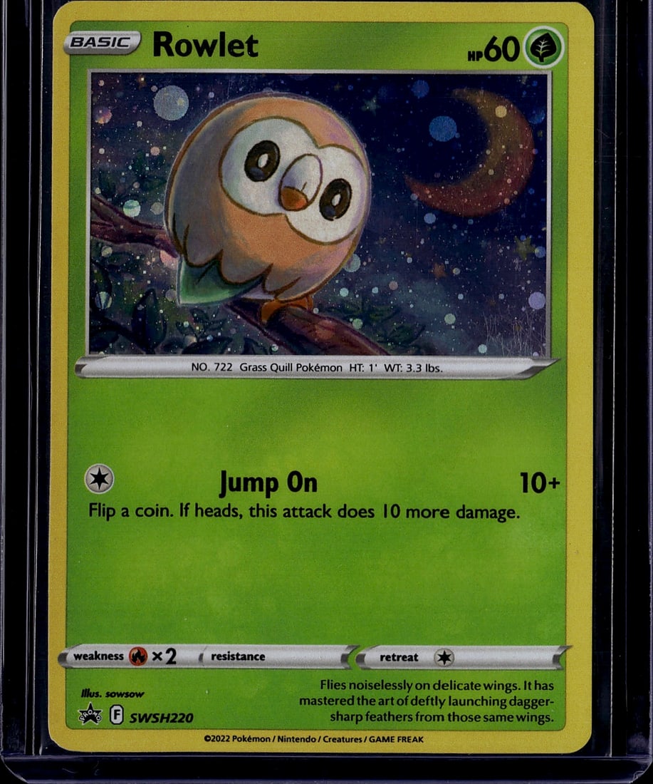 2022 Pokemon Sword & Shield Black Star Promos: Rowlet SWSH220 is a Grass-type Basic Pokemon card from the Sword & Shield Black Star Promos series with 60 HP. The card features the Grass Quill Pokemon (Pokedex #722) and includes a coin-flip