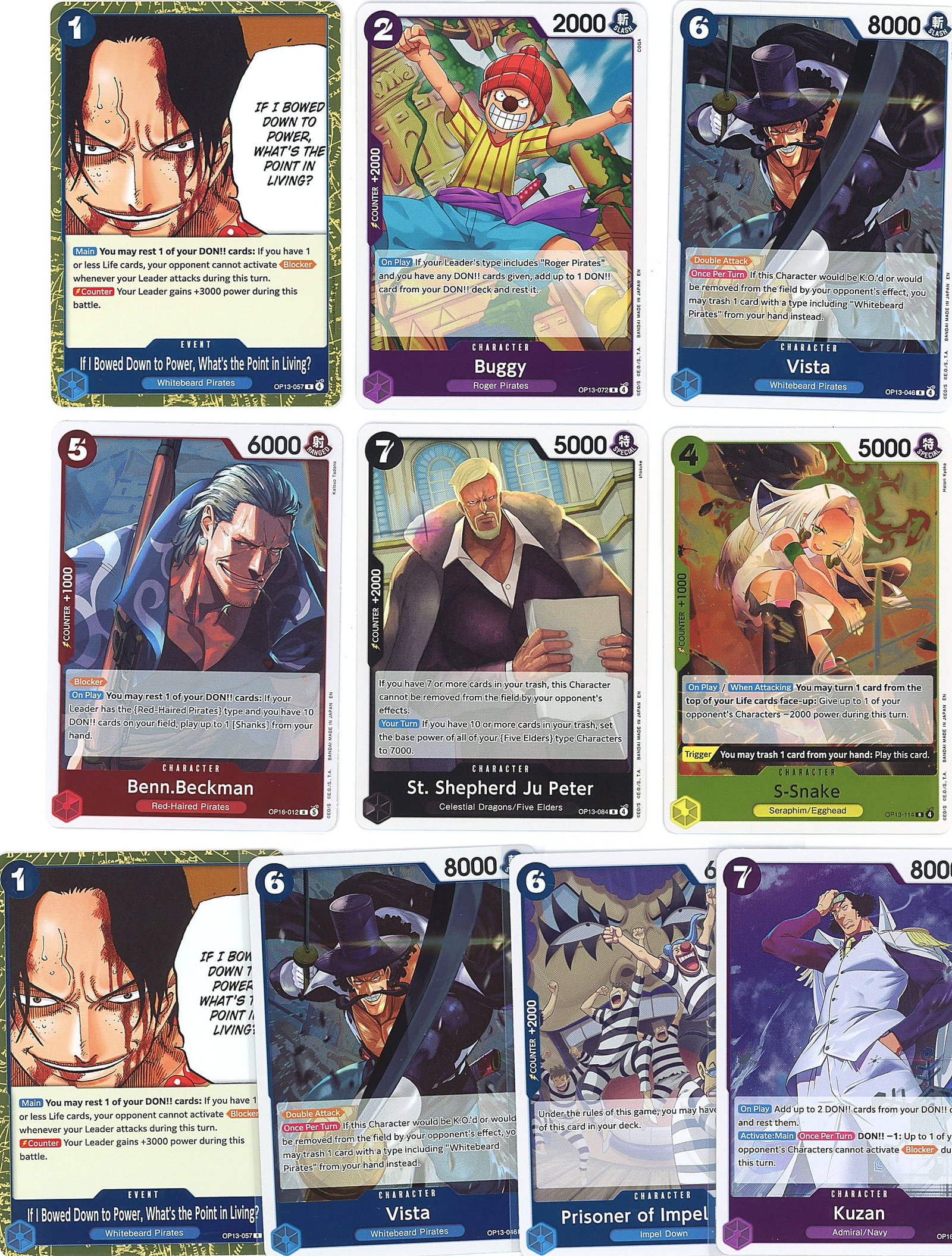 10-Card Lot Modern Holo One Piece Trading Cards: Lot of 10 holographic One Piece trading cards by Bandai. The lot includes character and event cards from the One Piece TCG, featuring artwork from various arcs and crew members. All cards display the