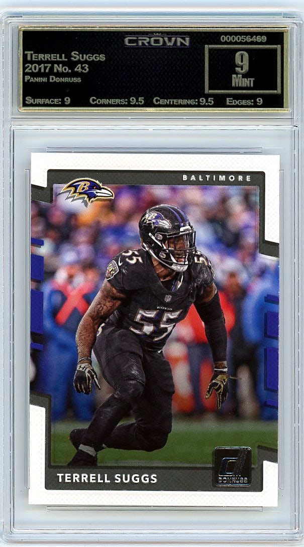 2017 Panini Donruss Terrell Suggs #43 Crown 9: This is a 2017 Panini Donruss Terrell Suggs card, card number 43. It represents a key release from one of the most popular modern football card brands, capturing Suggs during his career. The card has