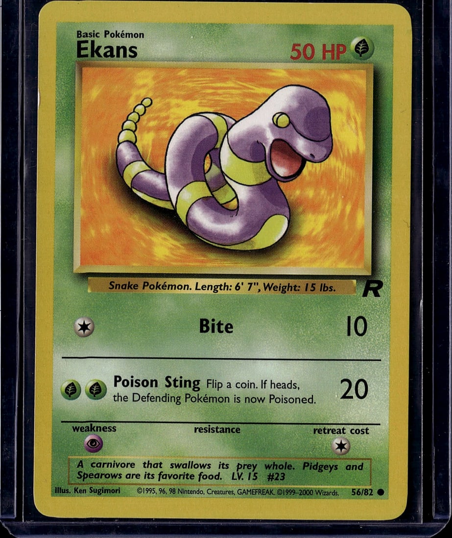 Ekans 56/82 Base Set Pokemon Card 1999 Nintendo: This is an authentic Ekans Pokemon trading card from the classic 1999 Base Set (card #56/82). As a Basic Pokemon with 50 HP, Ekans features the iconic purple and yellow snake design illustrated by Ken