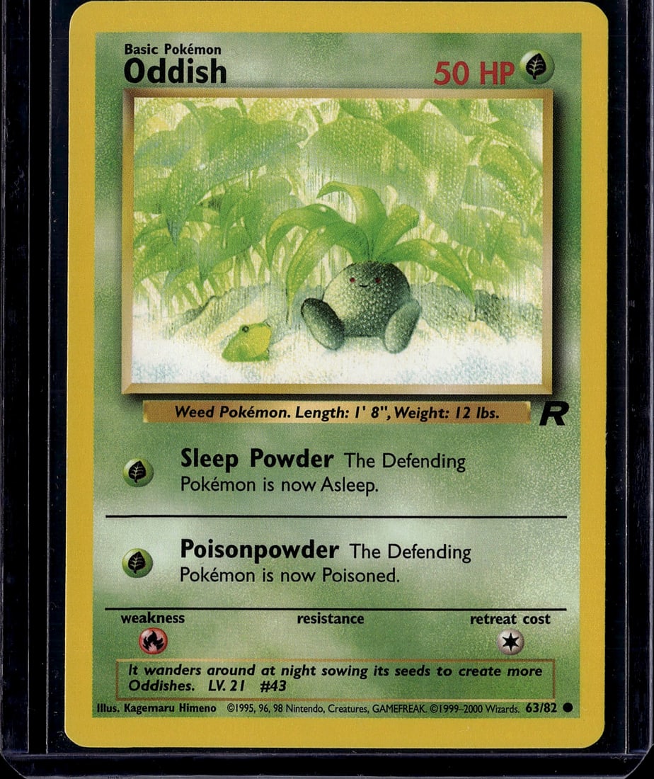 Oddish 63/82 Base Set Vintage Pokemon Card: This is an original 1999 Pokemon Base Set Oddish card (#63/82), a foundational piece from the earliest era of Pokemon trading cards. Oddish is a Basic Grass-type Weed Pokemon featuring the classic