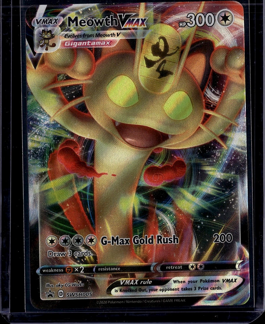 2020 Pokemon Sword & Shield Meowth VMAX SWSH005: This is a 2020 Pokemon Sword & Shield series Meowth VMAX card featuring the Gigantamax Gold Rush attack. The card showcases stunning full-art illustration with vibrant colors depicting Meowth in its