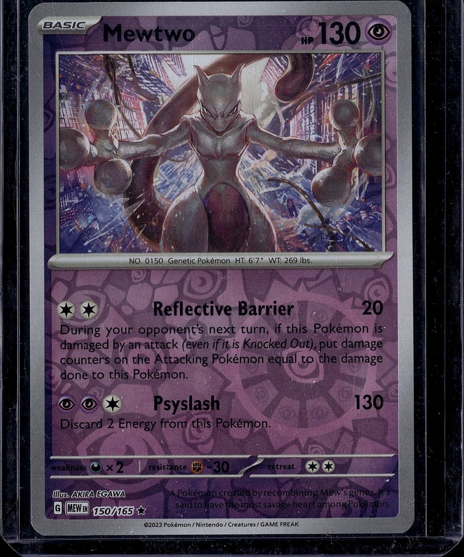 Mewtwo 150/165 Scarlet & Violet Pokemon Card: This is a raw Mewtwo Pokemon card from the Scarlet & Violet set, card number 150/165. The card features the iconic Genetic Pokemon in stunning artwork by illustrator Akira Egawa. Mewtwo is a Basic Psy