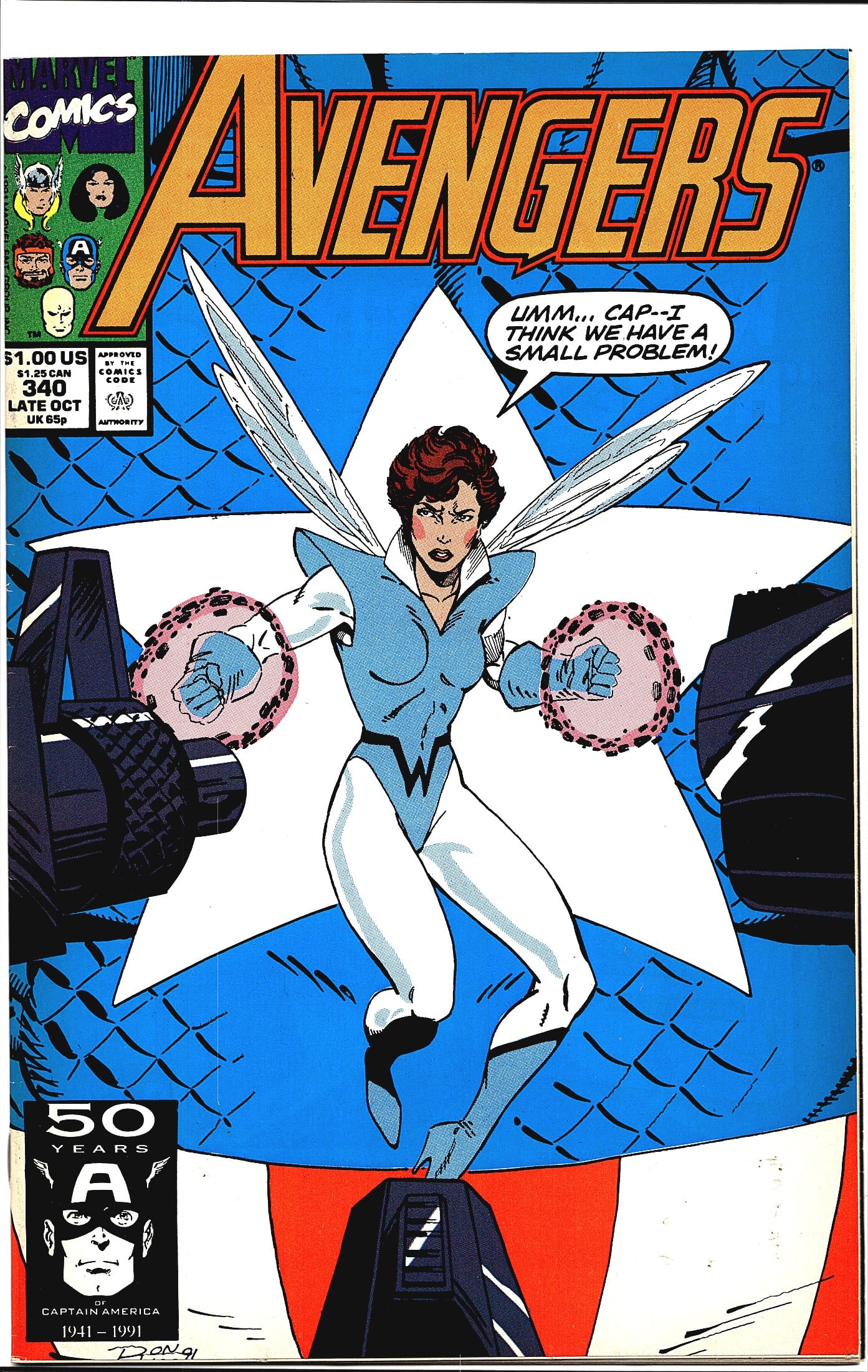 Avengers #340 Marvel Comics 1991 Wasp Cover Late: This is Avengers #340 published by Marvel Comics, cover dated Late October 1991, priced at $1.00 US / $1.25 CAN / 65p UK. The cover features the Wasp in her blue and white costume with insect wings, c