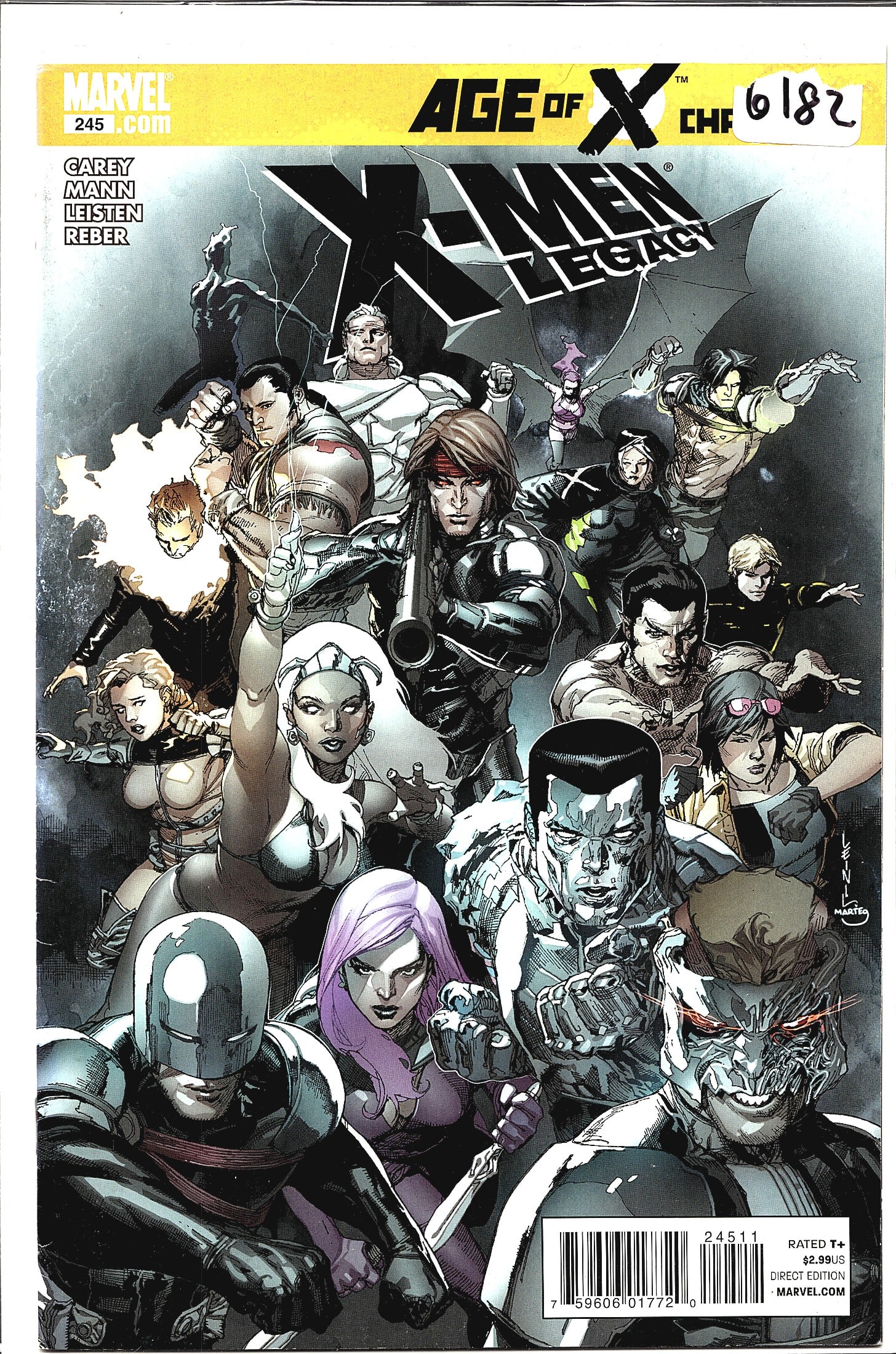 Marvel X-Men Legacy 2011 #245 Comic Book: X-Men Legacy #245 from Marvel Comics, part of the Age of X crossover event. This issue is written by Mike Carey with art by Clay Mann, Jay Leisten, and Brian Reber. The cover features a large ensemble