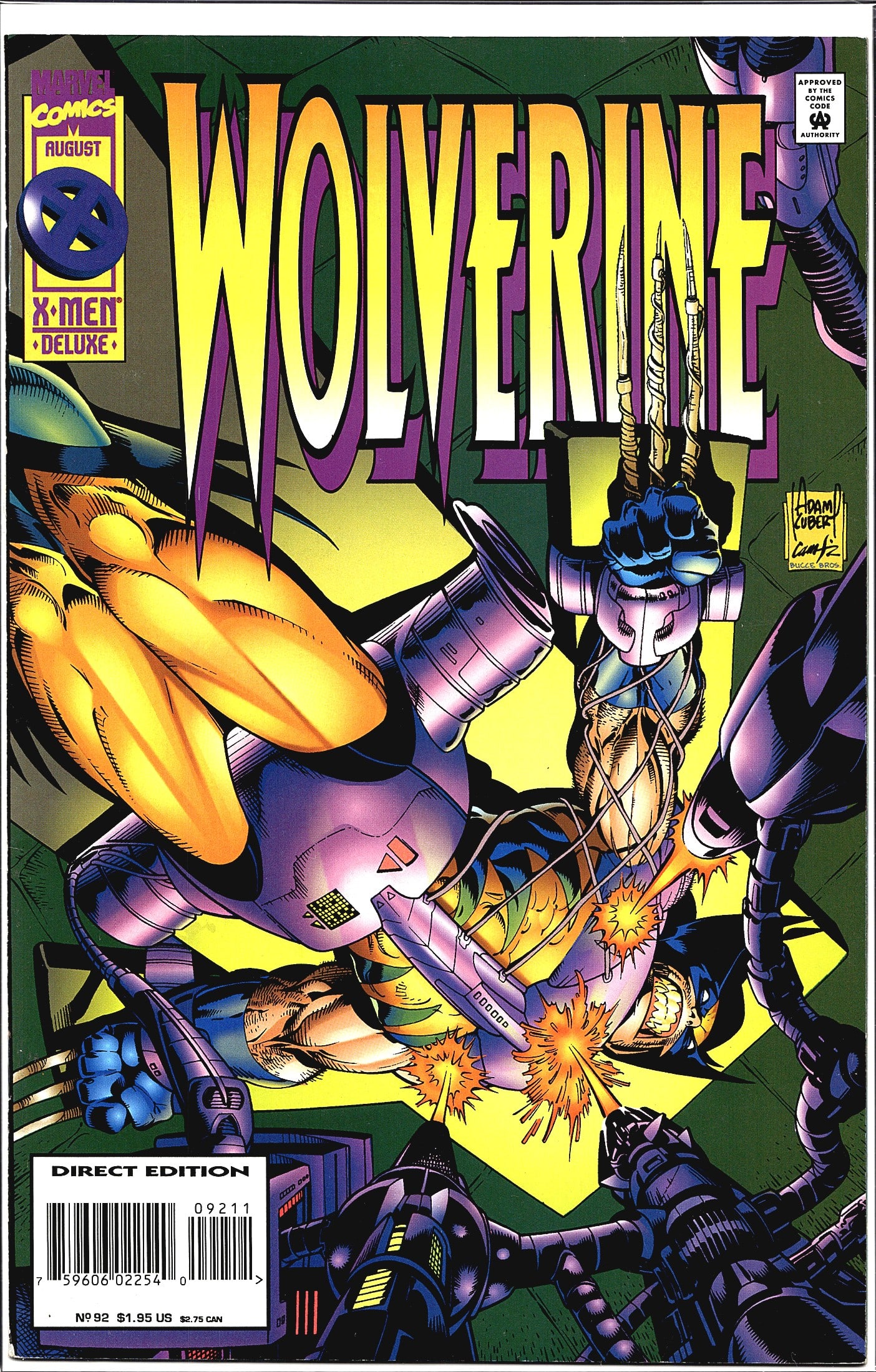 Wolverine #92 Marvel Comics 1995 X-Men Deluxe: This is Wolverine #92 published by Marvel Comics, dated August 1995, part of the X-Men Deluxe line. The cover is a Direct Edition release, as indicated by the barcode label on the lower left. The dyna