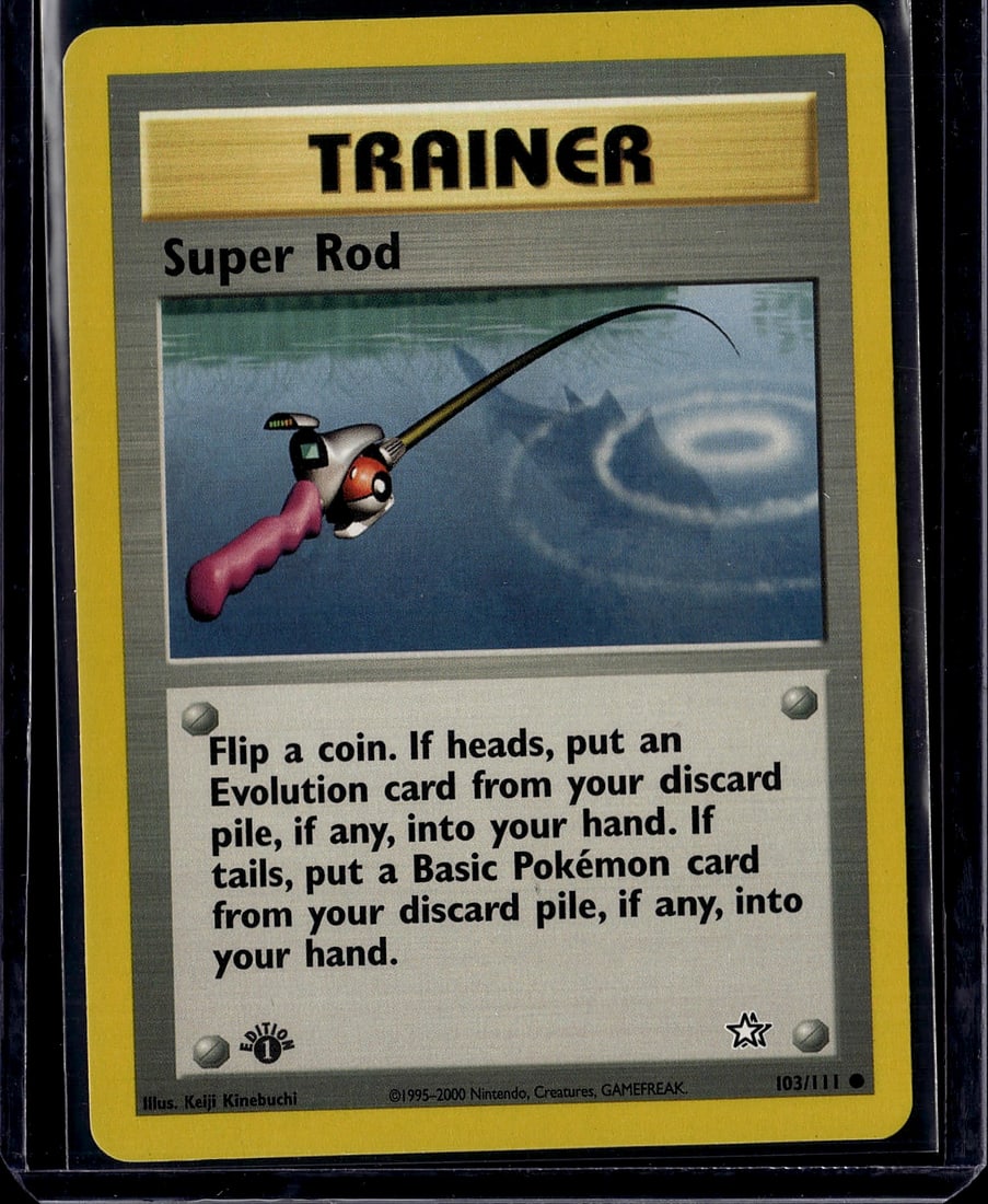 Super Rod Trainer Pokemon Card 103/111 Neo: This is a Super Rod Trainer card from the Pokemon Trading Card Game Neo Genesis set, released in 2000. Card number 103/111, this vintage Trainer card features the iconic fishing rod illustration by Ke