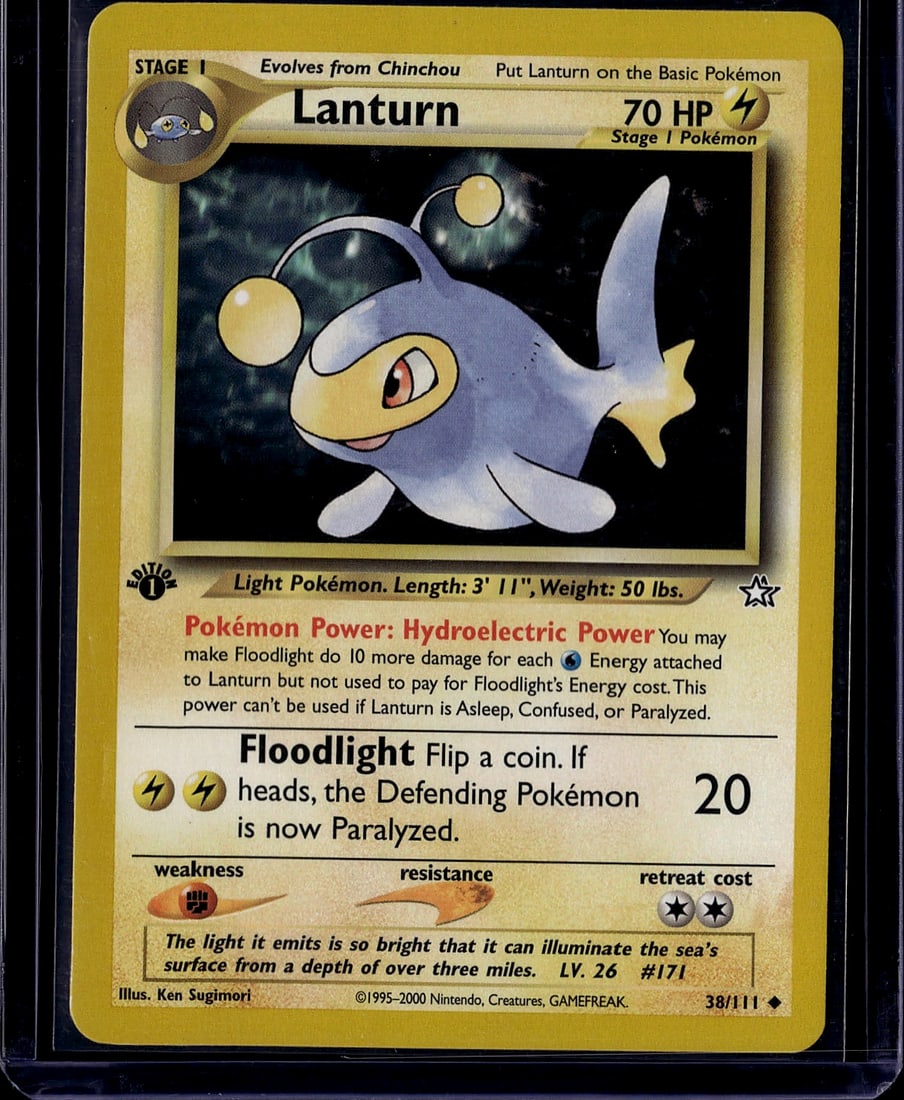 2000 Pokemon Neo Genesis Lanturn 38/111 Near: This is a Lanturn Stage 1 Pokemon card from the Base Set era, released in 1995-2000 by The Pokemon Company. Card number 38/111, this Light Pokemon features Lanturn at 70 HP with a Lightning-type