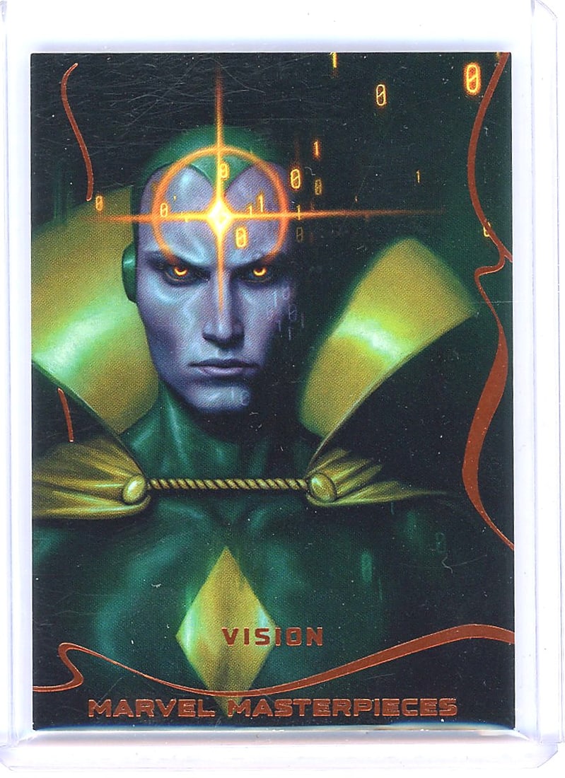 2022 SkyBox Marvel Masterpieces Vision #54 Card: This is card #54 from the Marvel Masterpieces trading card set, featuring Vision of the Avengers. The front showcases striking painted artwork of Vision with his signature green and gold costume, glow