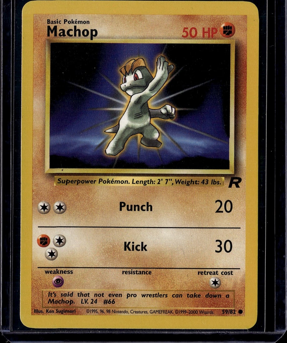 Machop Base Set 59/82 Pokemon Card 1999: This is an original 1999 Machop Pokemon card from the Base Set, card number 59/82. Machop is a Fighting-type Basic Pokemon with 50 HP, featuring the classic Ken Sugimori artwork that defined the