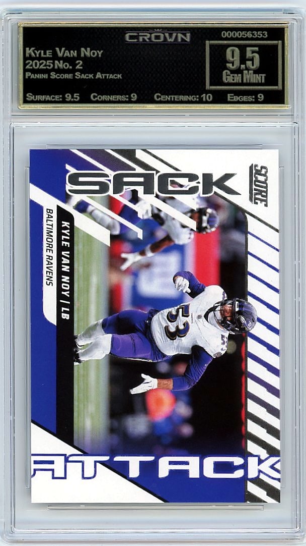 2025 Kyle Van Noy Panini Score Sack Attack #2: This is a 2025 Kyle Van Noy card from the Panini Score Sack Attack set, card number 2. It's a professionally graded collectible that captures a key moment from the player's season in pristine conditio