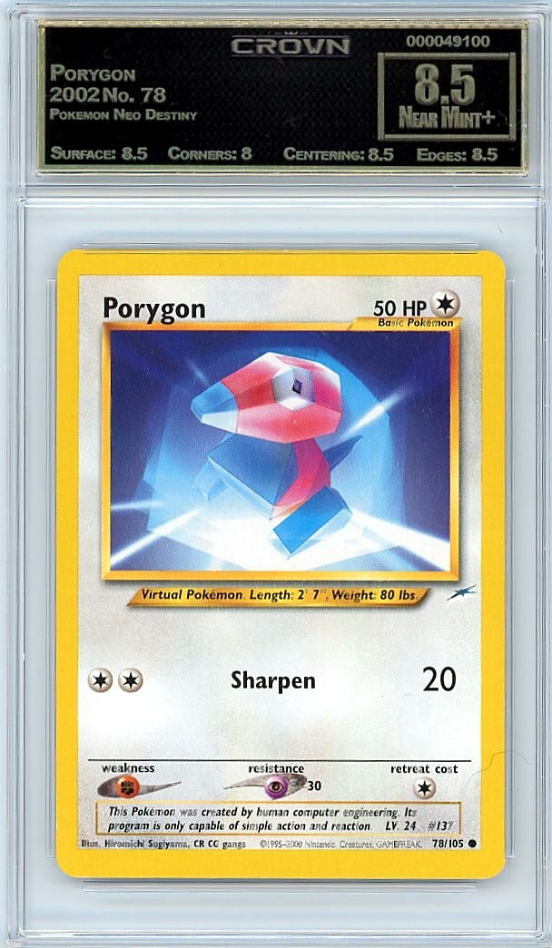 2002 Porygon Pokemon Neo Destiny #78 Crown 8.50: This 2002 Porygon Pokemon Neo Destiny card in Crown Grade 8.50 represents a highly sought cornerstone from one of Pokemon's most collectible vintage sets. The Neo Destiny expansion is legendary among