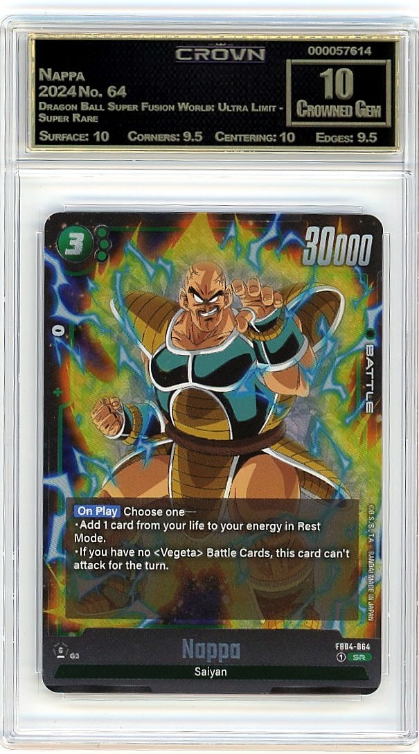 2024 Nappa Dragon Ball Super Fusion World Ultra: This is a 2024 Nappa card from the Dragon Ball Super Fusion World: Ultra Limit set, card number 64. It's a Super Rare graded example in pristine condition. The card has been professionally graded 10