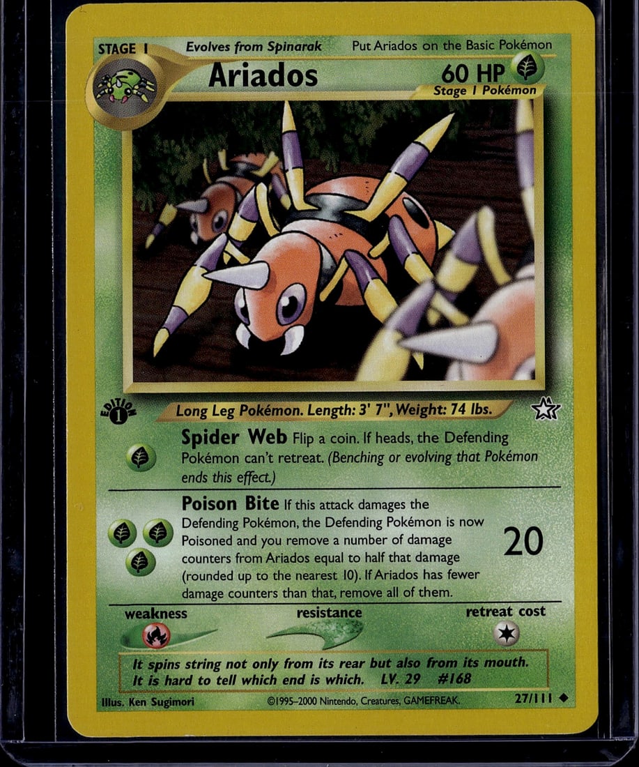 2000 Pokemon Neo Genesis Ariados 27/111 Card: Ariados 27/111 is an Uncommon Stage 1 Pokemon card from the Neo Genesis expansion, released in December 2000 by Wizards of the Coast. It features 60 HP and evolves from Spinarak. Neo Genesis was the 8