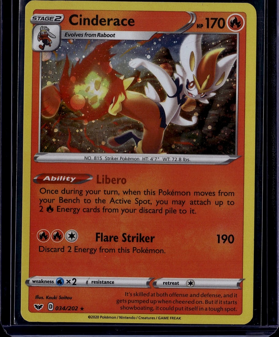 2020 Pokemon Sword & Shield Cinderace #034/202: This is an authentic 2020 Pokemon Trading Card Game Sword & Shield series Cinderace card, card number 034/202. Cinderace is a Stage 2 Fire-type Striker Pokemon that evolves from Raboot, featuring 170 