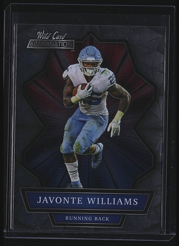 2021 Wild Card Alumination Javonte Williams RC: 2021 Wild Card Autograph Nation rookie card of Denver Broncos running back Javonte Williams, card number ABD-40. The card features Williams in action during his NFL debut season, wearing his Broncos
