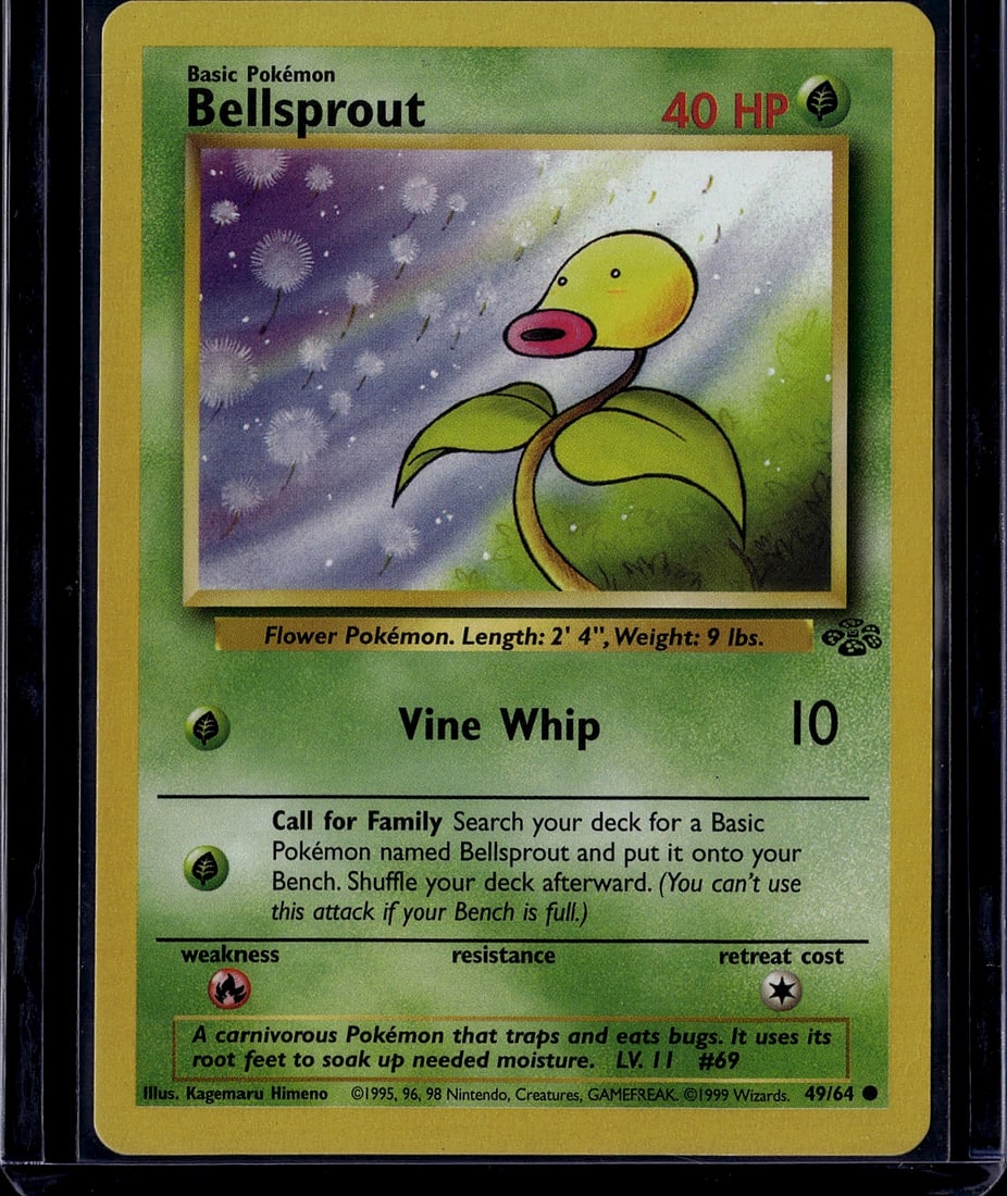 1999 Pokemon Base Set Bellsprout #49/64 Card: This is an authentic 1999 Pokemon Trading Card Game Base Set Bellsprout card, card number 49 out of 64. Bellsprout is a Basic Grass-type Flower Pokemon featuring the iconic Ken Sugimori artwork from