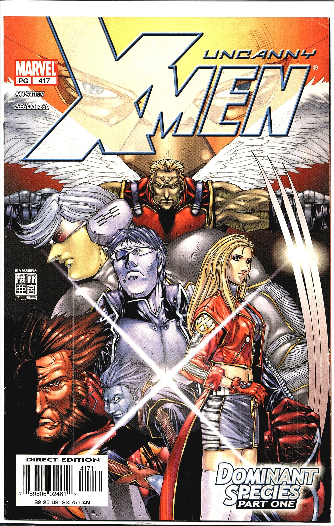 Uncanny X-Men #417 Marvel Comics 2003 Dominant: Uncanny X-Men #417, published by Marvel Comics, written by Chuck Austen with art by Kia Asamiya. This issue is Part One of the 'Dominant Species' story arc. The cover features a dynamic ensemble of