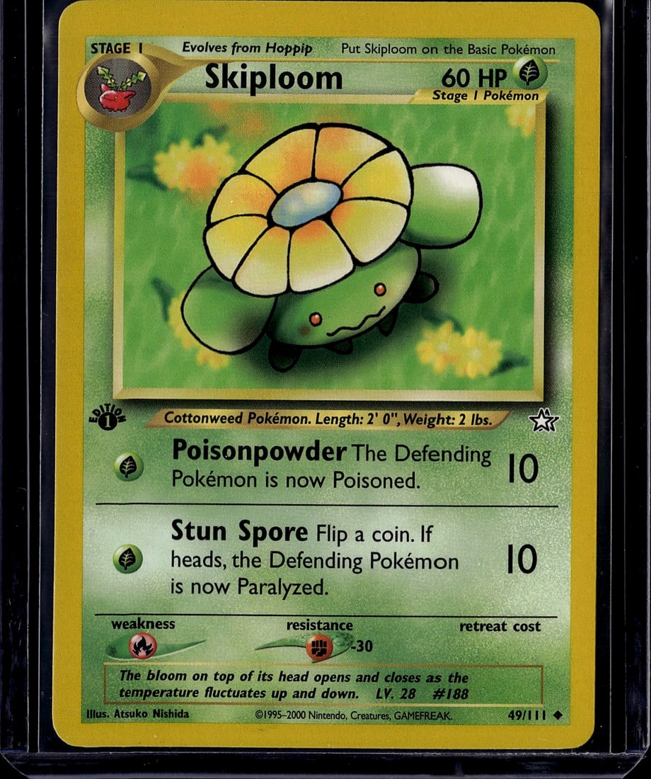 Skiploom 49/111 Neo Genesis Pokemon Card Stage 1: This is a vintage Skiploom Stage 1 Pokemon card from the Neo Genesis set (card #49/111), released in 2000 by Nintendo and Creatures/GAMEFREAK. The card features the iconic cottonweed Pokemon with its 