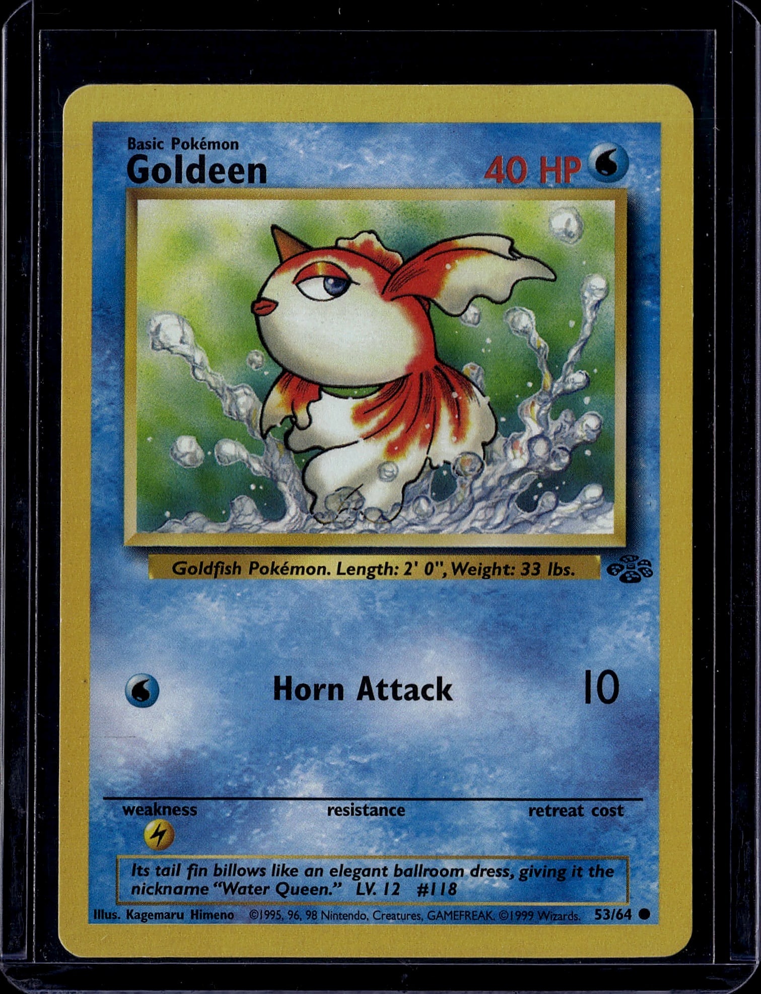 1999 Pokemon Base Set Goldeen #53/64 Basic: This is an authentic 1999 Pokemon Trading Card Game Base Set Goldeen card (#53/64), featuring the iconic water-type Basic Pokemon with its distinctive red fins and balloon-like tail. The card