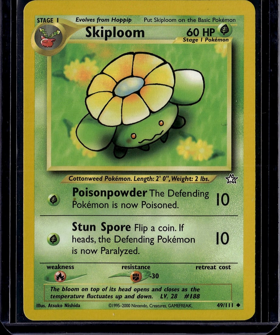 Skiploom 49/111 Pokemon Base Set Card 2000: This is a raw Skiploom Pokemon trading card from the Base Set, released in 2000 by Nintendo. The card features Skiploom, a Stage 1 Grass-type Pokemon that evolves from Hoppip, with 60 HP. The card