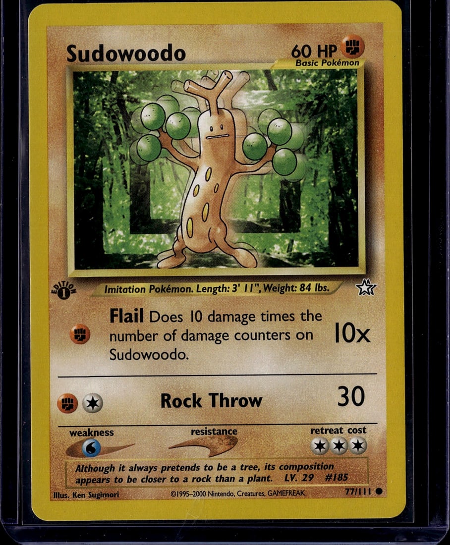 2000 Pokemon Neo Genesis Sudowoodo 77/111 Card: This is an authentic Sudowoodo Pokemon trading card from the Base Set, released in 2000 by The Pokemon Company and illustrated by Ken Sugimori. Card number 77/111, this Basic Pokemon features the
