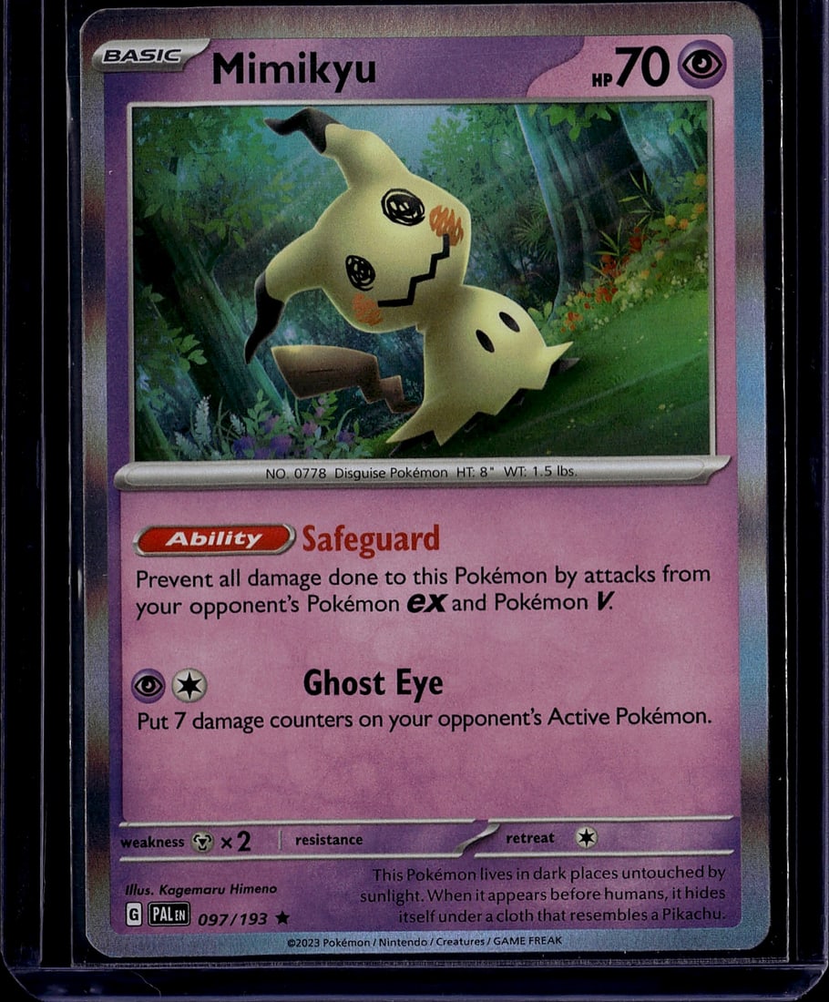 2023 Pokemon Scarlet Violet Mimikyu 097/193: This is a 2023 Pokemon Scarlet & Violet set Mimikyu Basic Pokemon card, card number 097/193. Mimikyu is a Psychic-type Pokemon with 70 HP, featuring the Safeguard ability and Ghost Eye attack. The