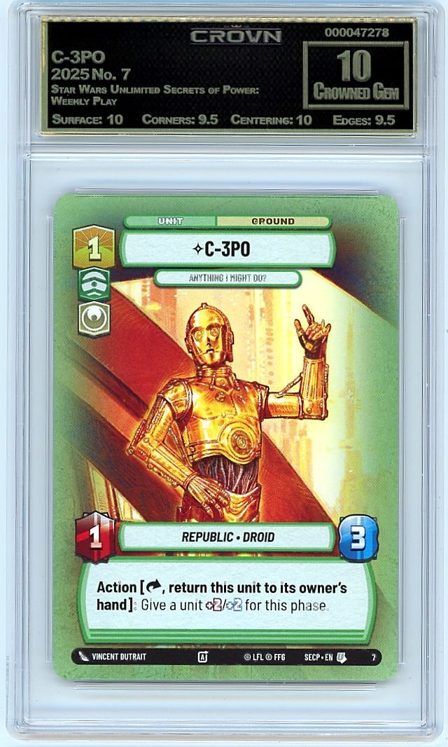 2025 C-3PO Star Wars Unlimited Secrets of Power: Graded by Crown Grading. Grade: 10.00. Crowned Gem