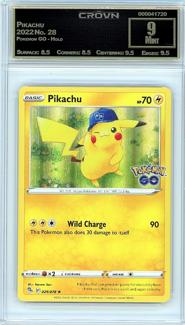 2022 Pikachu Pokemon GO Holo #28 Crown 9 Mint: This is a 2022 Pikachu card from the Pokemon GO Holo set, card number 28. It has been professionally graded and encased in a protective slab, making it easy to display and verify authenticity. The