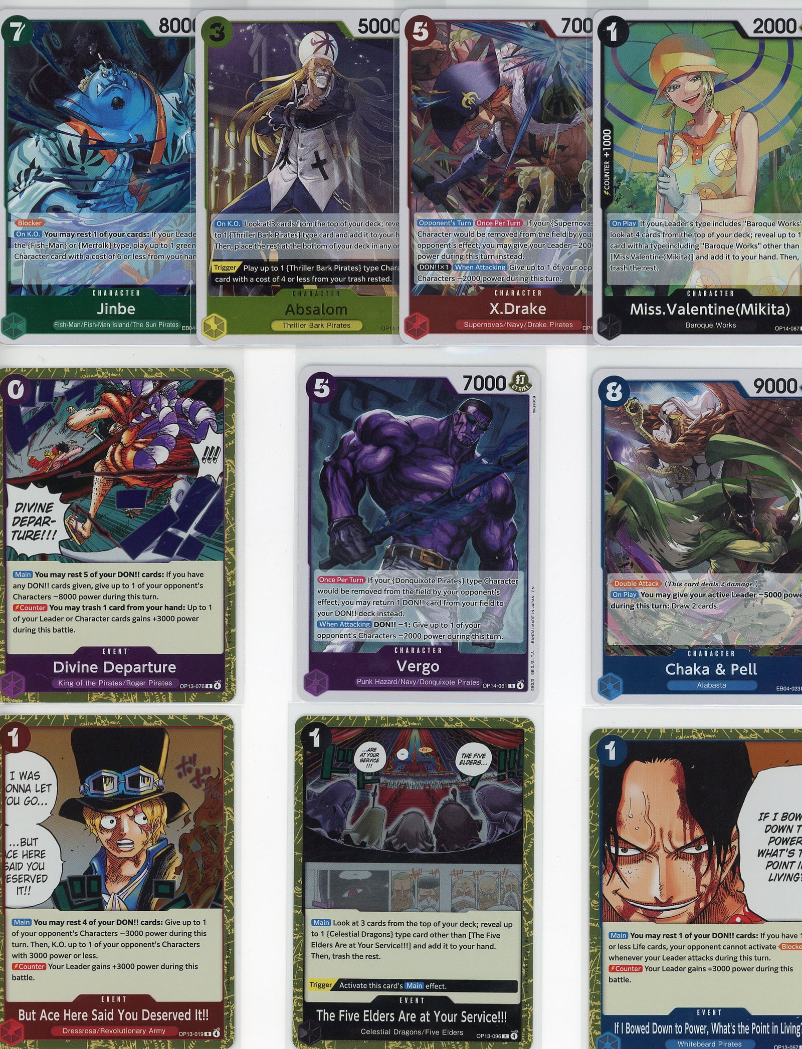 Lot of 10 One Piece Foil Trading Cards - Jinbe: This lot contains 10 One Piece foil trading cards featuring popular characters from the Bandai One Piece TCG. The collection includes Jinbe (8000 power, Fish-Man/Fish-Man Island The Sun Pirates),