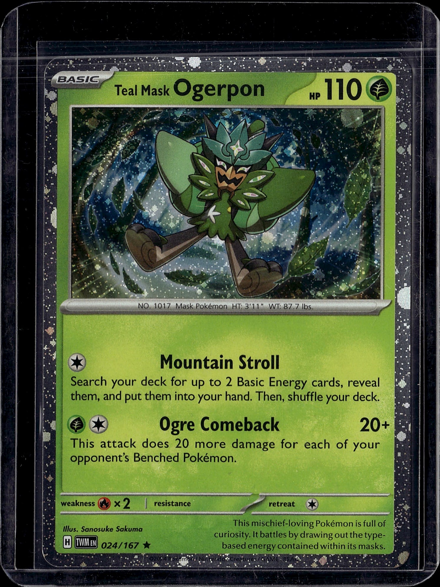 Teal Mask Ogerpon 024/167 Scarlet & Violet: This is a raw Teal Mask Ogerpon Basic Pokemon card from the Scarlet & Violet set, card number 024/167. The card features vibrant artwork by Sanosuke Sakuma depicting the mischief-loving Mask Pokemon