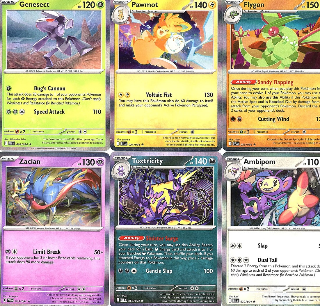 Lot of 6 Pokemon Raw Singles: Genesect, Pawmot: A lot of six raw Pokemon Trading Card Game singles from the Scarlet & Violet era, featuring Stage 2 and Stage 1 creatures: Genesect (Basic, 120 HP), Pawmot (Stage 2, 140 HP), Flygon (Stage 2, 150 HP),