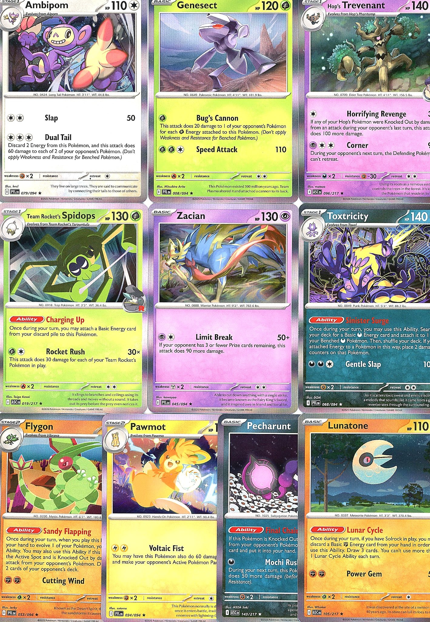 Large lot of holographic pokemon cards - all: This lot contains multiple raw Pokemon singles cards visible in the image, including Ambipom (110 HP), Genesect (120 HP, Basic), Hops Trevenant (140 HP, Stage 1), Team Rocket's Spidops (130 HP, Stage