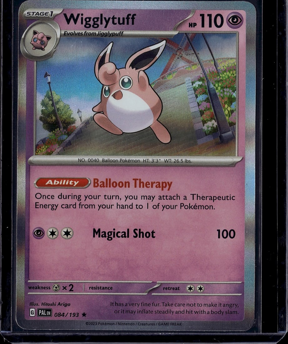 Wigglytuff 084/193 Scarlet Violet Pokemon Card: This is a Wigglytuff Pokemon trading card from the Scarlet & Violet set, card number 084/193. The card features a Stage 1 Psychic-type Wigglytuff that evolves from Jigglypuff, with 110 HP. The