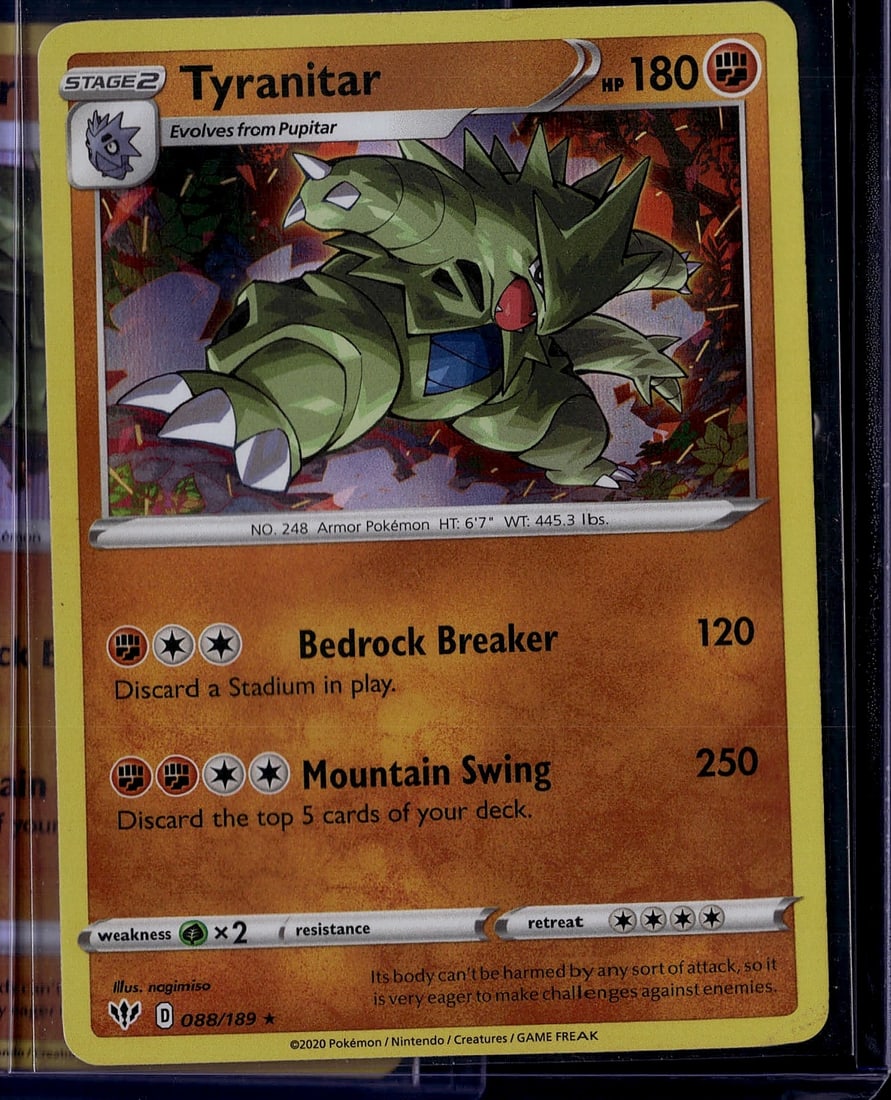 Tyranitar Stage 2 Pokemon Card 088/189 Sword: This is a near mint condition Tyranitar Stage 2 Pokemon card from the Sword & Shield expansion set, card number 088/189. Tyranitar is a powerful Armor Pokemon (No. 248) standing 6'7" tall and