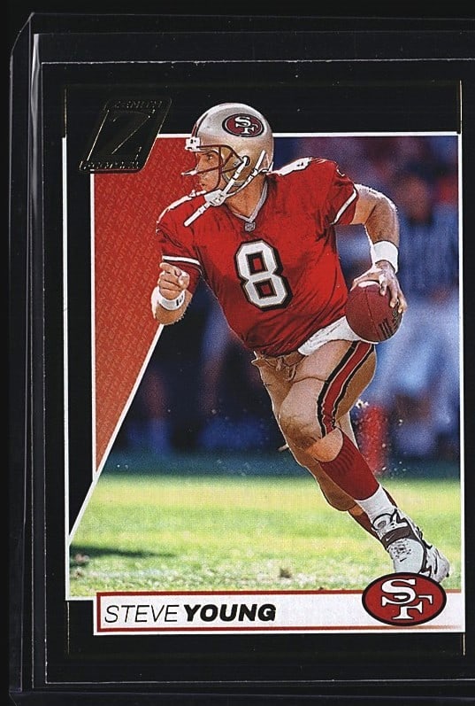 2024 Panini Zenith #8 Steve Young Football Card: This 2024 Panini Zenith #8 Steve Young football card features the legendary quarterback in Panini's contemporary Zenith set. The card is in Very Good condition, showing normal wear consistent with